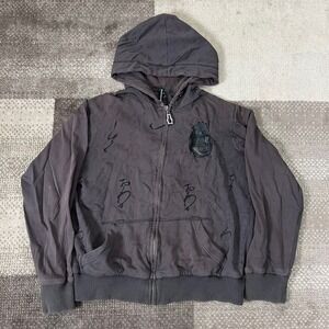 Y2K Monarchy Men Zip Up Hoodie Brown Embroidered Distressed L